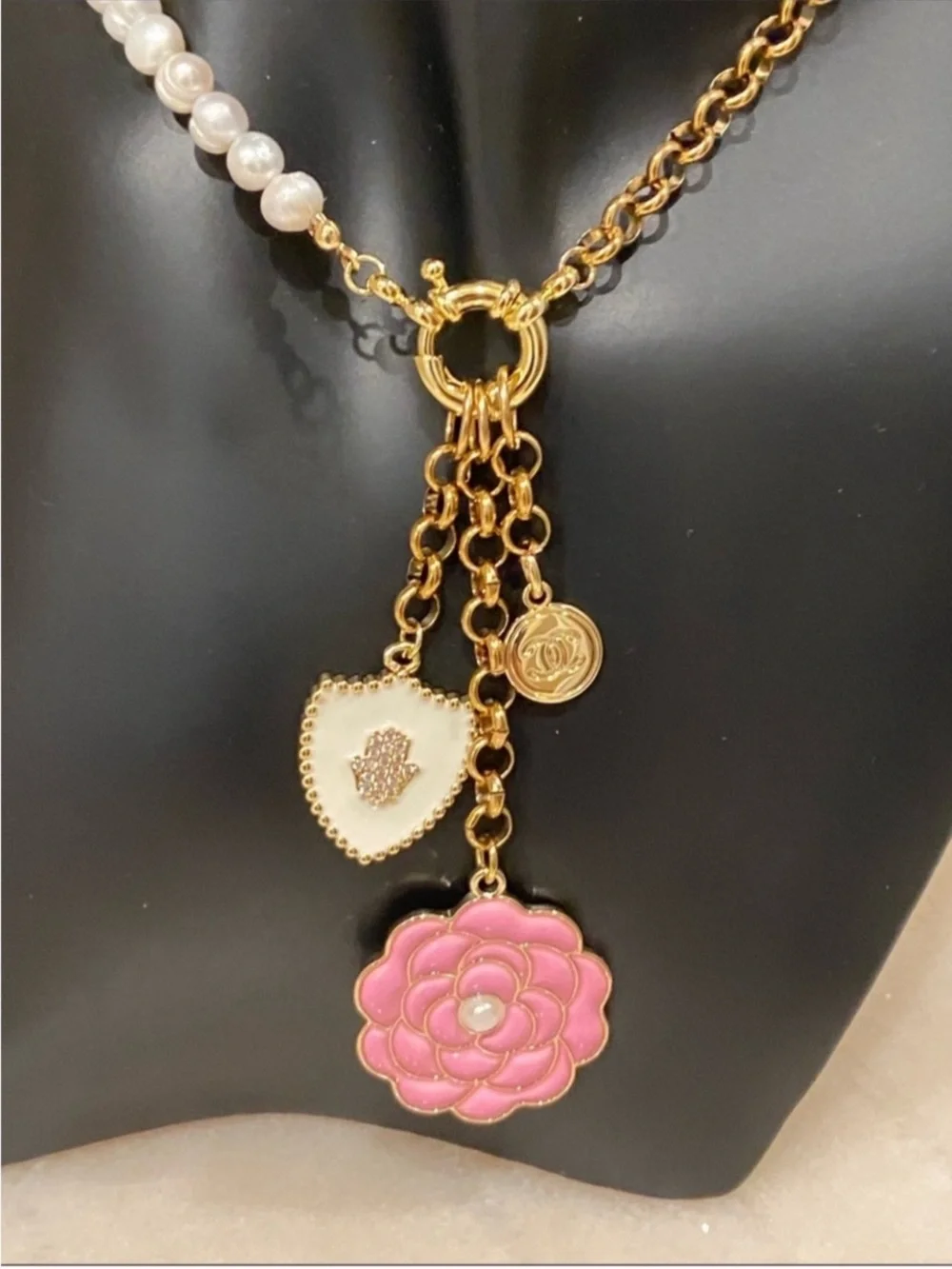 Gold Chain, Pearl Necklace & Chanel Pink Camellia Charm